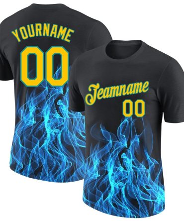 Custom Black Gold-Aqua 3D Pattern Design Flame Performance T-Shirt, For Football, Baseball, Hockey, Basketball, Softball & Rugby Fans