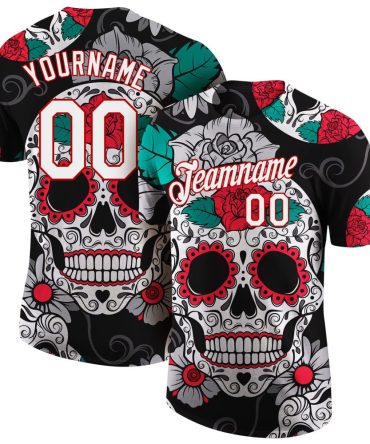 Custom Black White-Red 3D Skull Fashion Performance T-Shirt, For Football, Baseball, Hockey, Basketball, Softball & Rugby Fans