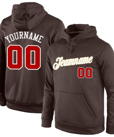 Custom Brown Red-White Sports Pullover Sweatshirt Hoodie, Gift For Football, Baseball, Hockey, Basketball, Softball & Rugby Fans