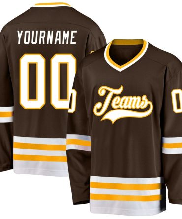 Custom Brown White-Gold Hockey Jersey, Gift For Hockey Fans