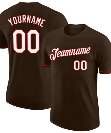 Custom Brown White-Red Performance T-Shirt, For Football, Baseball, Hockey, Basketball, Softball & Rugby Fans