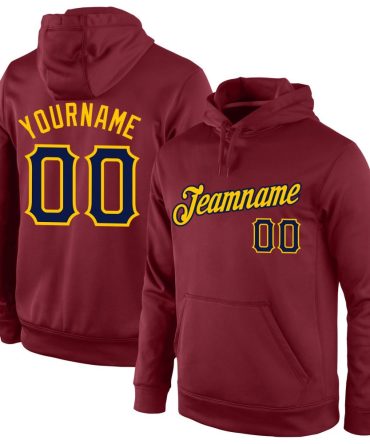 Custom Burgundy Navy-Gold Sports Pullover Sweatshirt Hoodie, Gift For Football, Baseball, Hockey, Basketball, Softball & Rugby Fans