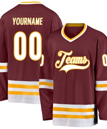Custom Burgundy White-Gold Hockey Jersey, Gift For Hockey Fans