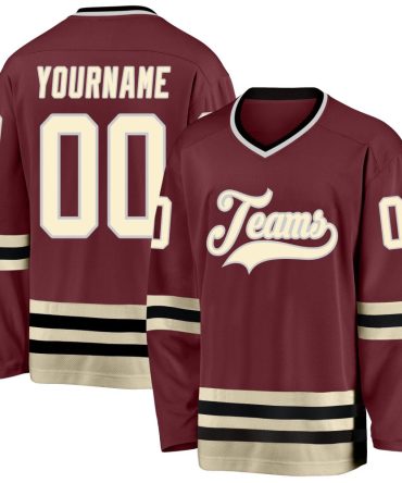 Custom Burgundy Cream-Black Hockey Jersey, Gift For Hockey Fans
