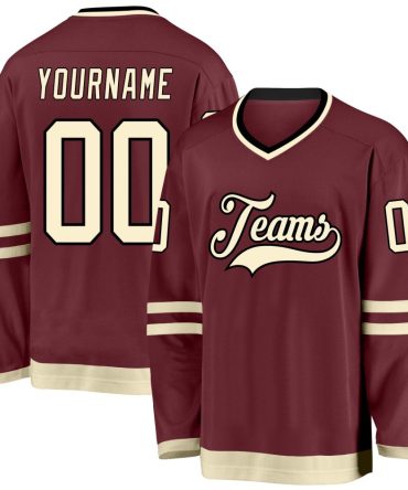 Custom Burgundy Cream-Black Hockey Jersey, Gift For Hockey Fans