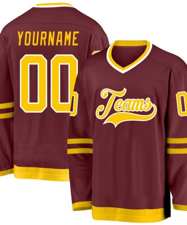 Custom Burgundy Gold-White Hockey Jersey, Gift For Hockey Fans