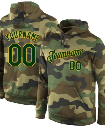 Custom Camo Green-Gold Sports Pullover Sweatshirt Salute To Service Hoodie, Gift For Football, Baseball, Hockey, Basketball, Softball & Rugby Fans