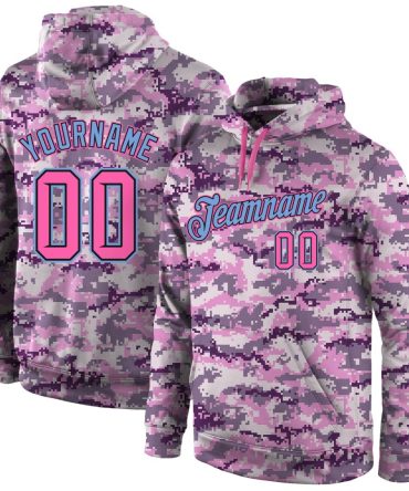 Custom Camo Pink-Light Blue Sports Pullover Sweatshirt Salute To Service Hoodie, Gift For Football, Baseball, Hockey, Basketball, Softball & Rugby Fans