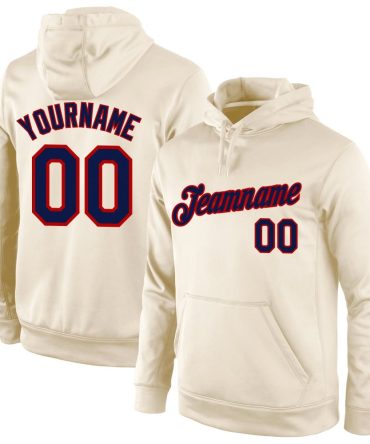 Custom Cream Navy-Red Sports Pullover Sweatshirt Hoodie, Gift For Football, Baseball, Hockey, Basketball, Softball & Rugby Fans