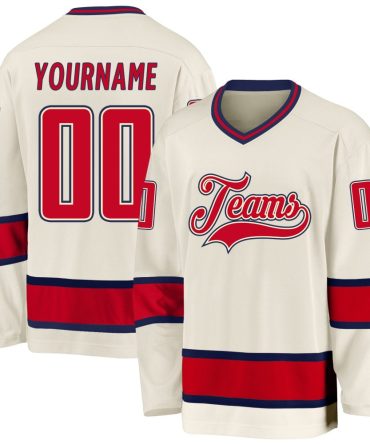 Custom Cream Red-Navy Hockey Jersey, Gift For Hockey Fans