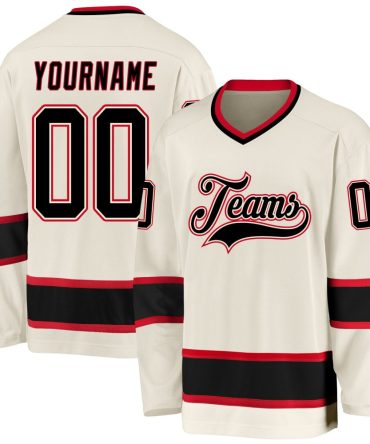 Custom Cream Black-Red Hockey Jersey, Gift For Hockey Fans