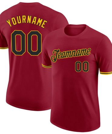 Custom Crimson Black-Gold Performance T-Shirt, For Football, Baseball, Hockey, Basketball, Softball & Rugby Fans