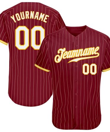 Custom Crimson Cream Pinstripe Gold-White Baseball Jersey, Gift For Baseball Fans
