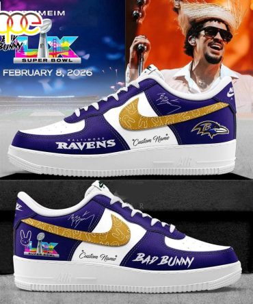 Custom Name Baltimore Ravens Nfl X Bad Bunny Super Bowl Lx Air Force 1 Shoes