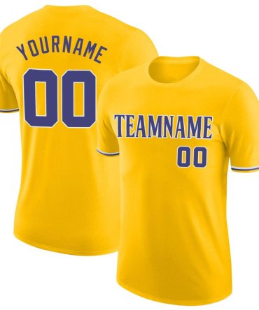 Custom Gold Purple-White Performance T-Shirt, For Football, Baseball, Hockey, Basketball, Softball & Rugby Fans