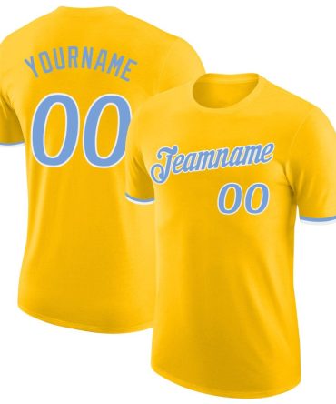 Custom Gold Light Blue-White Performance T-Shirt, For Football, Baseball, Hockey, Basketball, Softball & Rugby Fans