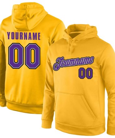 Custom Gold Purple-Gray Sports Pullover Sweatshirt Hoodie, Gift For Football, Baseball, Hockey, Basketball, Softball & Rugby Fans