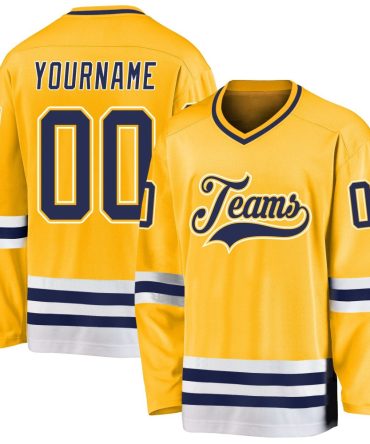 Custom Gold Navy-White Hockey Jersey, Gift For Hockey Fans