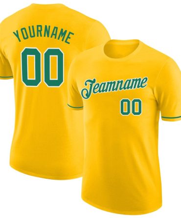 Custom Gold Kelly Green-White Performance T-Shirt, For Football, Baseball, Hockey, Basketball, Softball & Rugby Fans