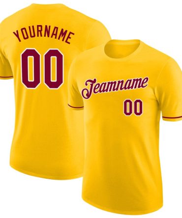 Custom Gold Maroon-White Performance T-Shirt, For Football, Baseball, Hockey, Basketball, Softball & Rugby Fans