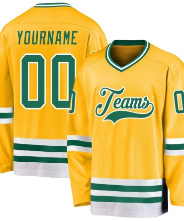 Custom Gold Kelly Green-White Hockey Jersey, Gift For Hockey Fans