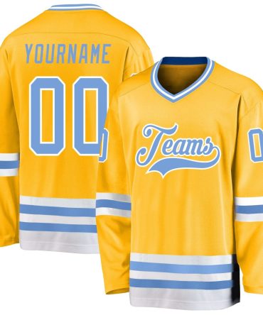 Custom Gold Light Blue-White Hockey Jersey, Gift For Hockey Fans