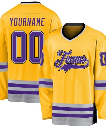 Custom Gold Purple-Gray Hockey Jersey, Gift For Hockey Fans