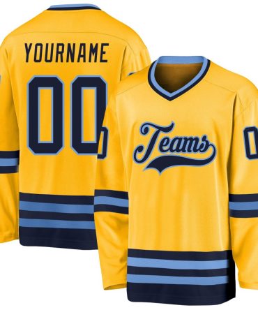 Custom Gold Navy-Light Blue Hockey Jersey, Gift For Hockey Fans