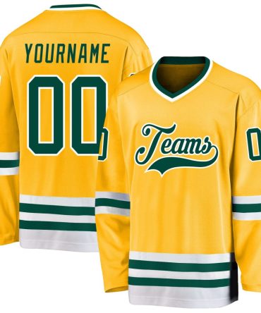 Custom Gold Green-White Hockey Jersey, Gift For Hockey Fans