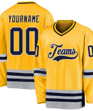 Custom Gold Navy-Gray Hockey Jersey, Gift For Hockey Fans