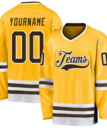 Custom Gold Brown-White Hockey Jersey, Gift For Hockey Fans