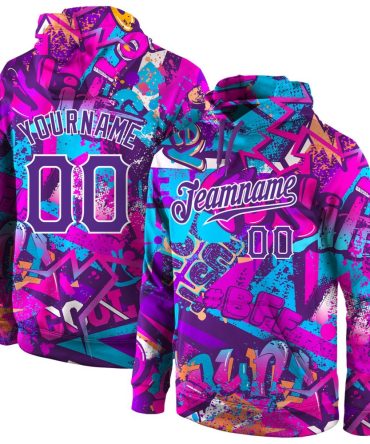 Custom Graffiti Pattern Purple-White 3D Sports Pullover Sweatshirt Hoodie, Gift For Football, Baseball, Hockey, Basketball, Softball & Rugby Fans