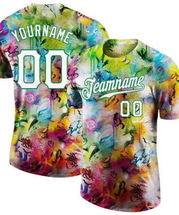 Custom Graffiti Pattern White-Kelly Green 3D Performance T-Shirt, For Football, Baseball, Hockey, Basketball, Softball & Rugby Fans