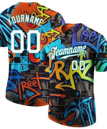 Custom Graffiti Pattern White-Aqua 3D Performance T-Shirt, For Football, Baseball, Hockey, Basketball, Softball & Rugby Fans