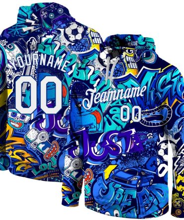 Custom Graffiti Pattern White-Royal 3D Sports Pullover Sweatshirt Hoodie, Gift For Football, Baseball, Hockey, Basketball, Softball & Rugby Fans