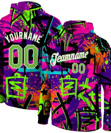 Custom Graffiti Pattern Neon Green-White 3D Sports Pullover Sweatshirt Hoodie, Gift For Football, Baseball, Hockey, Basketball, Softball & Rugby Fans