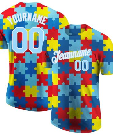 Custom Autism Supporter Awareness Puzzle Pieces Light Blue-White 3D Performance T-Shirt, For Football, Baseball, Hockey, Basketball, Softball & Rugby Fans