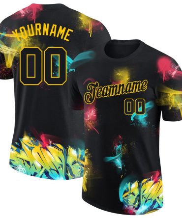 Custom Graffiti Pattern Black-Gold 3D Performance T-Shirt, For Football, Baseball, Hockey, Basketball, Softball & Rugby Fans