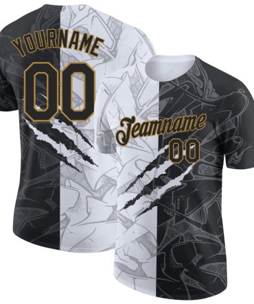 Custom Graffiti Pattern Black-Old Gold Scratch 3D Performance T-Shirt, For Football, Baseball, Hockey, Basketball, Softball & Rugby Fans