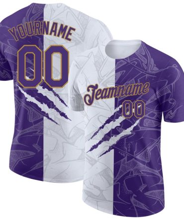 Custom Graffiti Pattern Purple-Old Gold 3D Performance T-Shirt, For Football, Baseball, Hockey, Basketball, Softball & Rugby Fans