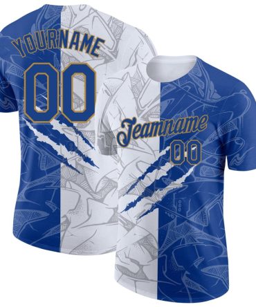 Custom Graffiti Pattern Royal-Old Gold Scratch 3D Performance T-Shirt, For Football, Baseball, Hockey, Basketball, Softball & Rugby Fans