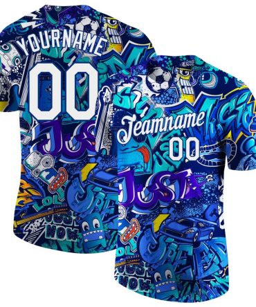 Custom Graffiti Pattern White-Royal 3D Performance T-Shirt, For Football, Baseball, Hockey, Basketball, Softball & Rugby Fans