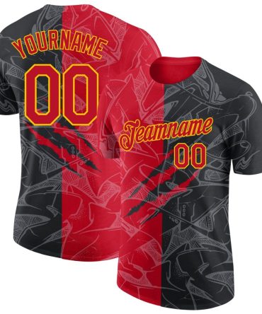 Custom Graffiti Pattern Red-Gold 3D Performance T-Shirt, For Football, Baseball, Hockey, Basketball, Softball & Rugby Fans