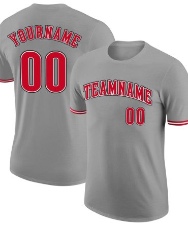 Custom Gray Red-Black Performance T-Shirt, For Football, Baseball, Hockey, Basketball, Softball & Rugby Fans