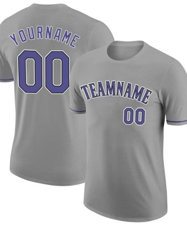 Custom Gray Purple-Black Performance T-Shirt, For Football, Baseball, Hockey, Basketball, Softball & Rugby Fans