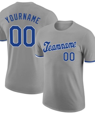 Custom Gray Royal-White Performance T-Shirt, For Football, Baseball, Hockey, Basketball, Softball & Rugby Fans