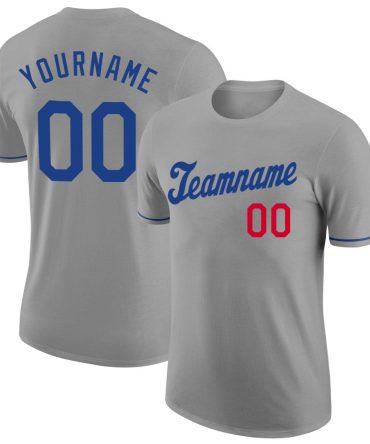 Custom Gray Royal-Red Performance T-Shirt, For Football, Baseball, Hockey, Basketball, Softball & Rugby Fans