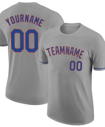 Custom Gray Royal-Orange Performance T-Shirt, For Football, Baseball, Hockey, Basketball, Softball & Rugby Fans