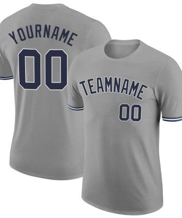 Custom Gray Navy-White Performance T-Shirt, For Football, Baseball, Hockey, Basketball, Softball & Rugby Fans