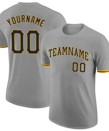 Custom Gray Black-Gold Performance T-Shirt, For Football, Baseball, Hockey, Basketball, Softball & Rugby Fans